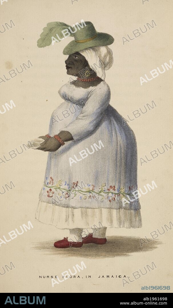 MARIA NUGENT. Nurse Flora in Jamaica. A Jamaican woman wearing a white dress, green hat and red shoes. A Journal of a Voyage to, and residence in, the Island of Jamaica, from 1801 to 1805, and of subsequent events in England from 1805 to 1811. London, 1839. Source: 10027.e.22 page 306. Language: English.