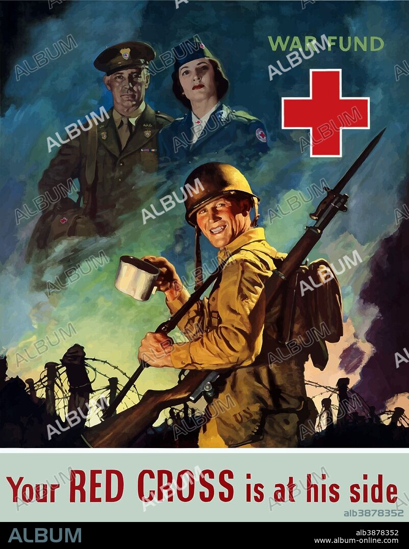 Digitally restored war propaganda poster. This vintage World War Two poster features a smiling American soldier with a cup of coffee and in the background are two Red Cross workers. It declares - Your Red Cross Is At His Side.