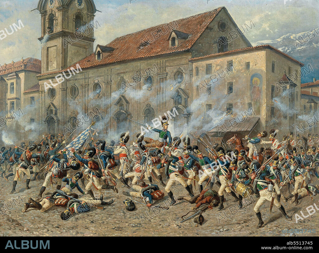 LOUIS BRAUN. Colonel Karl Freiherr von Ditfurth (1774-1809) fighting the Tyroleans in front of the Spitalskirche in Innsbruck, April 12, 1809.