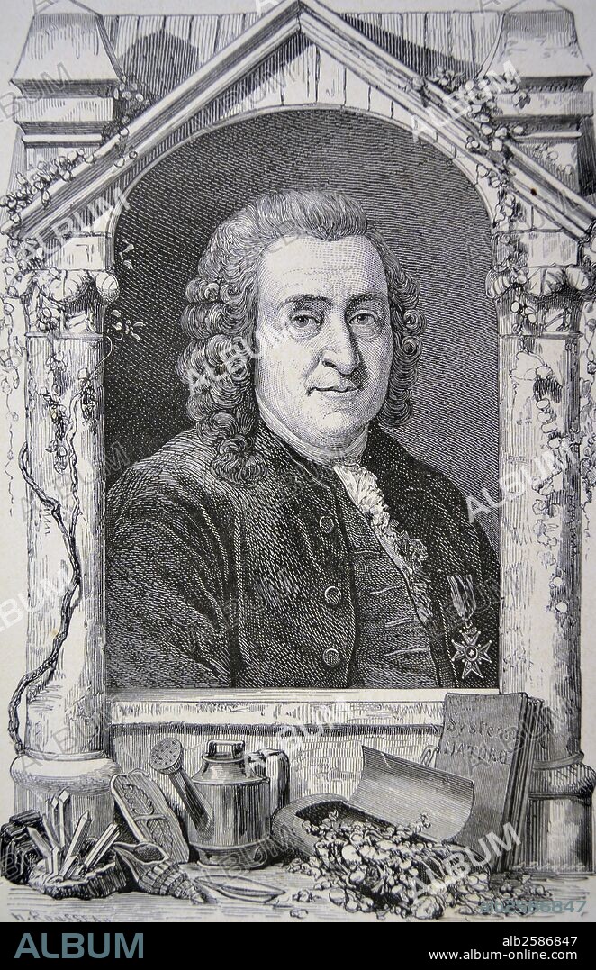 Carl von Linne (1707-1778) known as Linnaeus, Swedish physician, botanist, and zoologist. Binomial classification. Engraving, Paris, 1874.  Photo by: .