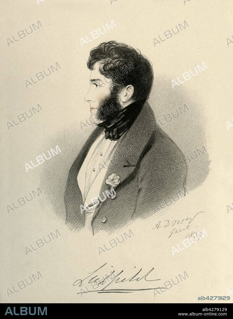 RICHARD JAMES LANE. 'Earl of Lichfield', 1839. Portrait of Thomas William Anson, 1st Earl of Lichfield (1795-1854) Postmaster General and British Whig politician. He served under Lord Grey and Lord Melbourne as Master of the Buckhounds (an officer in the Master of the Horse's department of the British Royal Household). Anson was forced to sell off the entire contents of his Shugborough Hall estate as a result debts from his gambling and lavish entertaining. From "Portraits by Count D'Orsay", an album assembled by Lady Georgiana Codrington. [1850s].