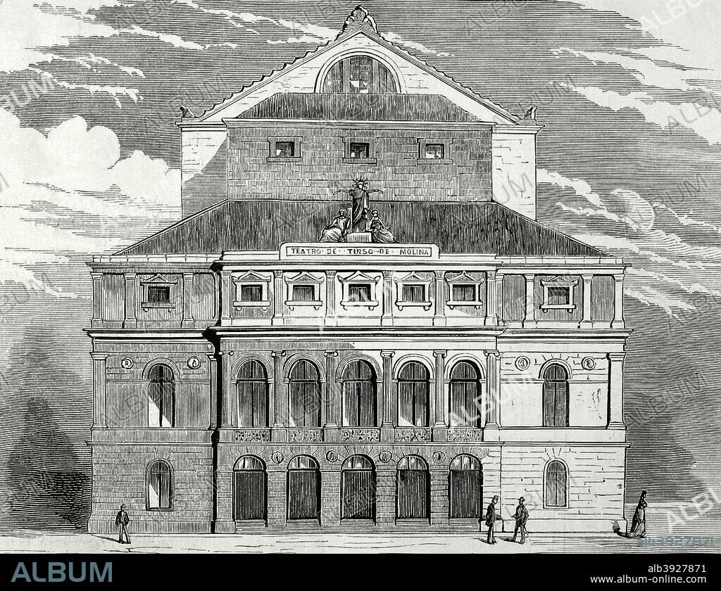 España. Islas Canarias. Las Palmas. Exterior del Teatro de Tirso de Molina o también llamado Teatro Nuevo. El arquitecto Francisco Jareño y Alarcón (1818-1892) fué comisionado para encargarse de los trabajos del proyecto. En 1902 pasaría a llamarse Teatro Pérez Galdós. Grabado. La Ilustración Española y Americana, 30 de julio de 1876. Biblioteca Histórico Militar de Barcelona. Cataluña, España.