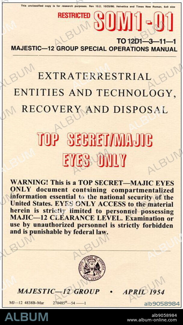 SOM1-01, a top-secret Special Operations Manual detailing government protocols for recovering extra-terrestrial UFOs that have crashed on Earth. 1965.