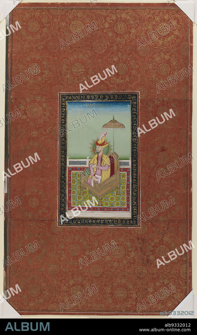 Sultan Muhammad, son of Miran Shah, Indian, Opaque watercolor and gold on paper, Deccan, India, 1875-1900, Mughal, sheet: 19 5/8 x 11 3/4 in., 49.8 x 29.8 cm, Carpet, Deccan, Gold, Hyderabad, Kula, Miran Shah, Mughal, Paper, Sultan Muhammad, Terrace, Throne, Watercolor.