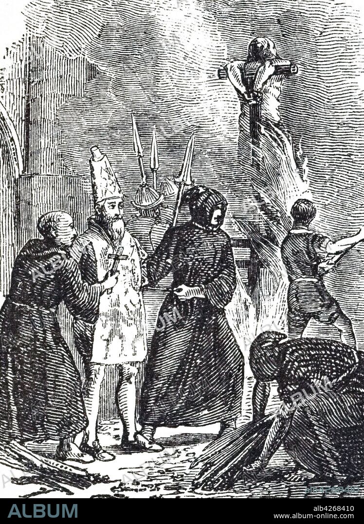 Woodblock engraving depicting a victim of the Spanish Inquisition being led to the stake wearing a San Benito, a linen overall painted with figures of demons and creatures from Hell. Dated 19th century.
