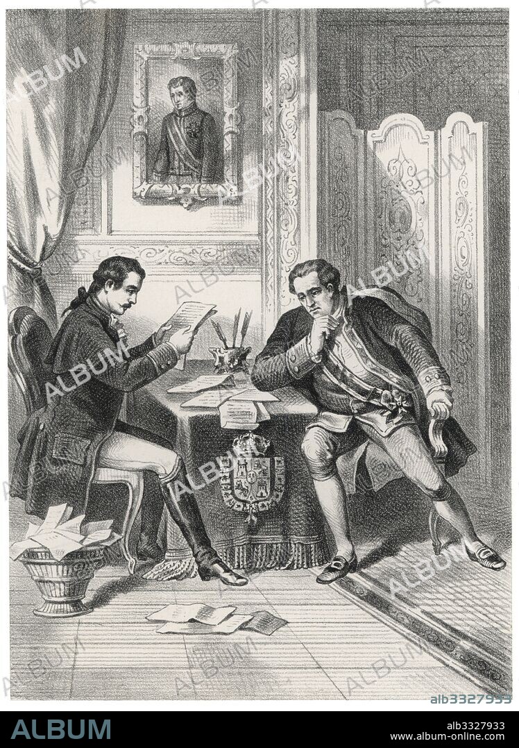 Historia de España. Agustín de Itúrbide Aramburu (1783-1824), militar y político novohispano, y Juan José Rafael Teodomiro de O'Donoju y O'Ryan (1762-1821), virrey de Nueva España, pactan la independencia de Méjico. Grabado de 1880.