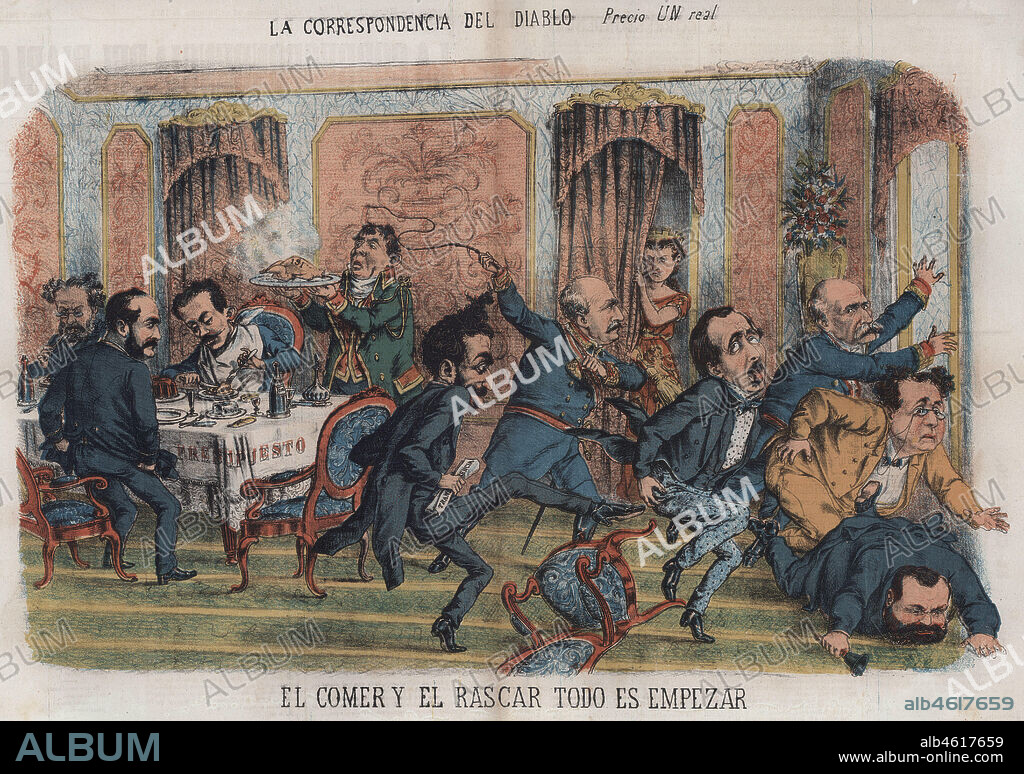 La Correspondencia del Diablo. Dibujo satírico. El comer y el rascar todo es empezar. Diciembre de 1872.