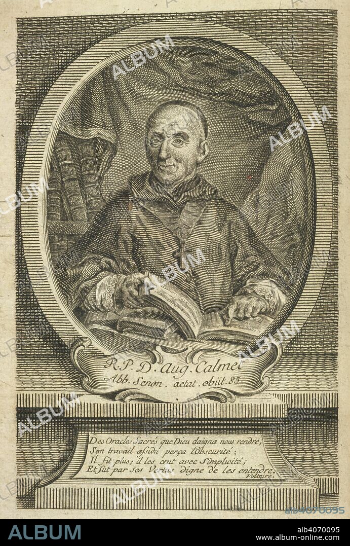 Dom Augustin Calmet. (1672-1757). French monk and scholar. Portrait.  His two-volume study "Treaty on the Apparitions of spirits and Vampires, or ghosts of Hungary, Moravia, & c.", published in 1751, ambiguously considered the possibility of the existence of vampires, although not stating it explicitly. La Vie du trÃ¨s-rÃ©vÃ©rend pÃ¨re D. A. Calmet ... Senones, 1762. Source: 1126.i.35, frontispiece. Language: French.