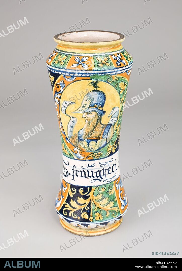 Albarello. Italian, Urbino (Castel Durante)?; Castel Durante Potteries, founded 16th century. Date: 1545-1555. Dimensions: H: 31.4 cm (12 3/8 in.). Tin-glazed earthenware (maiolica). Origin: Urbania.