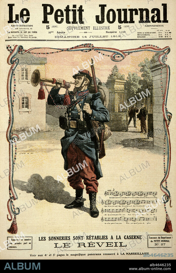 'Les sonneries sont retablies a la caserne : le reveil' : un militaire joue du clairon. Couverture du Petit Journal du 14 juillet 1912. Credit : Collection KHARBINE-TAPABOR.