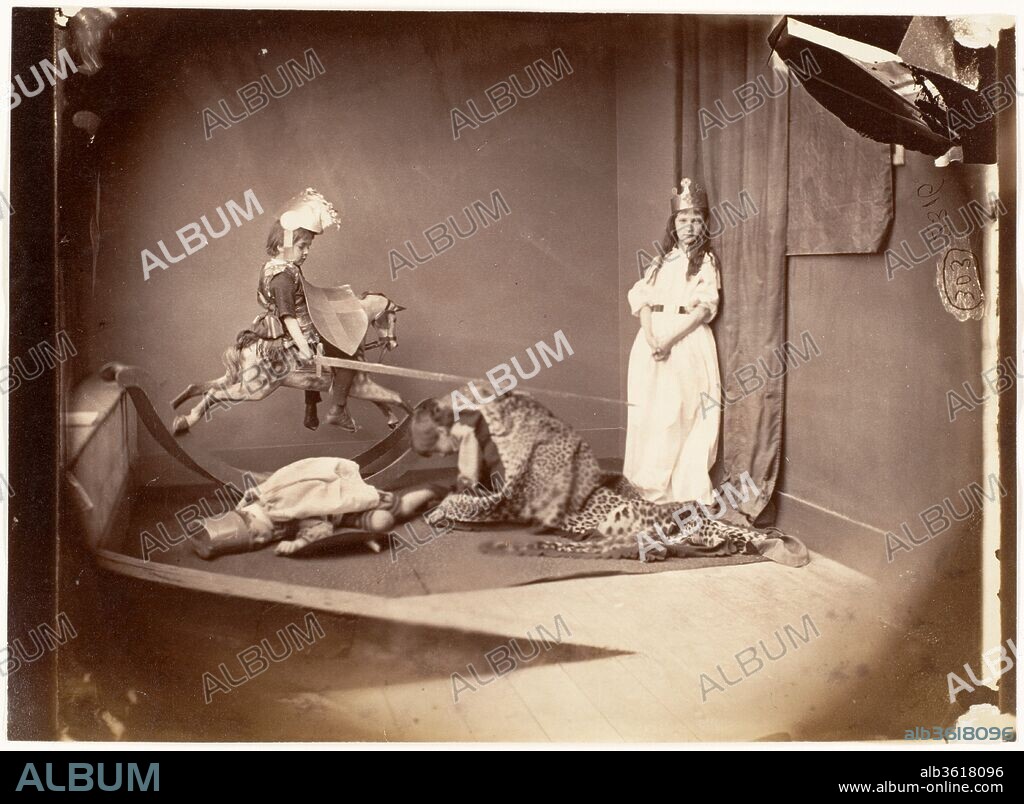 St. George and the Dragon. Artist: Lewis Carroll (British, Daresbury, Cheshire 1832-1898 Guildford). Dimensions: Image: 11.7 × 16 cm (4 5/8 × 6 5/16 in.). Date: June 26, 1875.
In 1872, Carroll had a studio built above his rooms at Christ Church so that he could make photographs even in inclement weather. With trunks full of toys and costumes from the Drury Lane Theatre, the "glass house" was a paradise for children. Xie (Alexandra) Kitchin, a beautiful and photogenic child, was Carroll's muse in the 1870s. Born in 1864, she was the daughter of George William Kitchin, a colleague and an old friend from Carroll's student days at Oxford. Carroll photographed Xie more than any other of his models, often dressed in exotic costume.
In this tableau vivant, Xie plays the princess to her brother's St. George. Another knight-brother has fallen prey to the leopard-skin dragon. The princess, clearly the focus of the picture, is ready for sacrifice, though St. George's sword seems the only threat. The photographer here casts the children in the roles of adults, creating a seemingly innocent vignette; it is, however, one that the modern viewer will find fraught with double entendres.