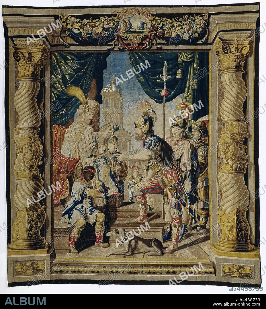 Orestes' revenge on Aegisthus, The history of Iphgenia and Orestes (series title), Tapestry with Orestes for Aegisthos, who will be killed by Orestes in revenge for the murder of Agamemnon, from a series of five tapestries with representations taken from Iphigeneia on Tauris of Eeuripides., Pieter de Cracht, c. 1648 - c. 1662, ketting, inslag, tapestry, h 374 cm × w 339 cm.