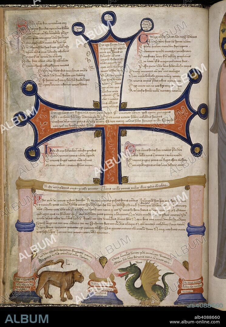 Miniature of the cross in the papal chair, with a lion and a dragon below, inscribed with verses. Address in verse to Robert of Anjou, King of Naples, from the town of Prato in Tuscany (the 'Regia Carmina'). Italy, Central (Tuscany); c. 1335-c. 1340. Source: Royal 6 E. IX, f.8v. Language: Latin.