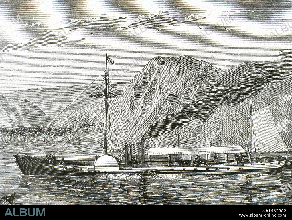 PRIMER BUQUE DE VAPOR DE FULTON. Construido por el ingeniero norteamericano Robert FULTON (1765-1815), que consiguió la propulsión de las naves por el vapor. Grabado del s. XIX.