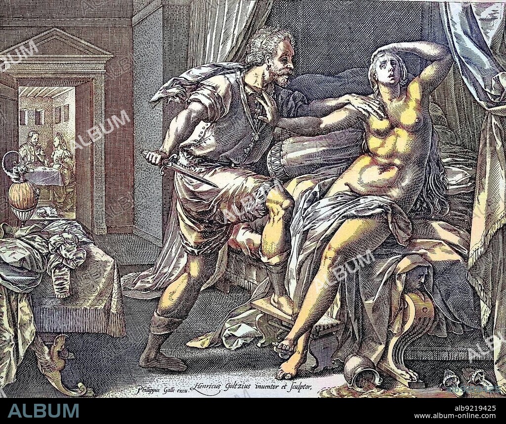 The rape of Lucretia, daughter of Spurius Lucretius Tricipitinus, under threat of armed force. Lucretia She was famous for her beauty and even more for her virtue, copperplate engraving by Heinrich Goltzius, ca 1570, digitally restored reproduction of a 19th century original, exact original date not known.