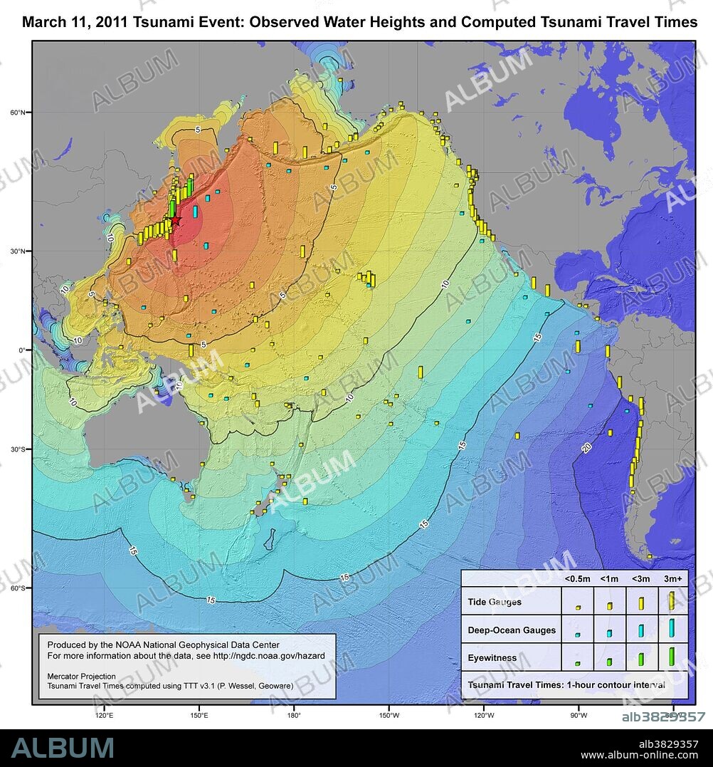 Diagram showing observed water heights and computed tsunami travel times resulting from the March 11, 2011 earthquake off the coast of Japan.