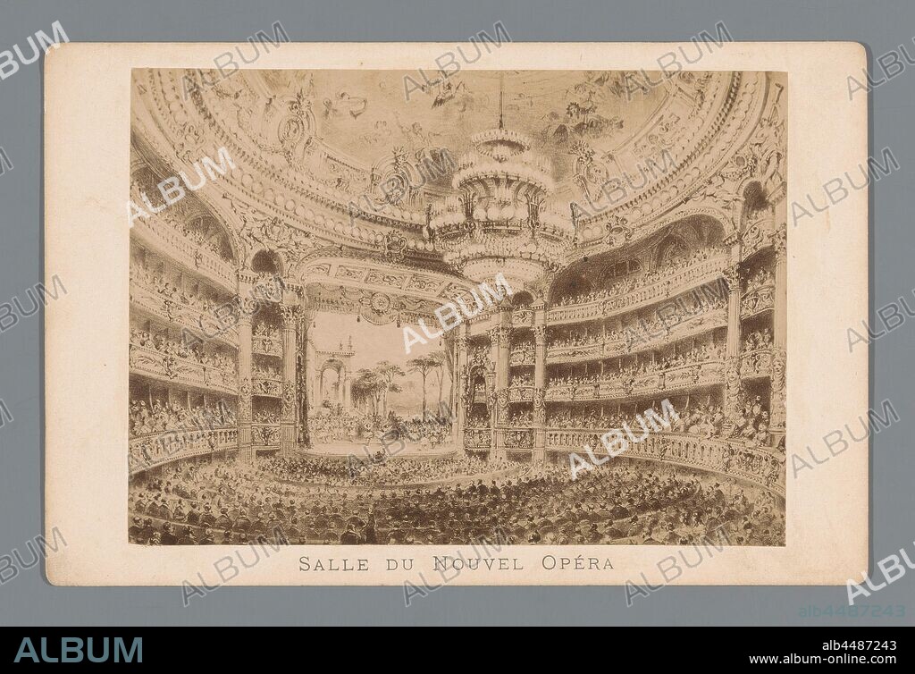 Photo reproduction of a print of the interior of the Paris Opéra Salle du Nouvel Opéra (title on object), opera house, opera, Opéra de Paris, Numa Fils (mentioned on object), Paris, 1860 - 1890, cardboard, photographic paper, albumen print, h 163 mm × w 108 mm.