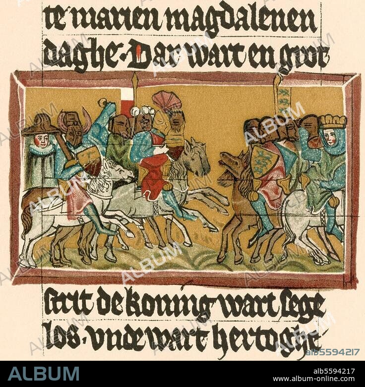 Schlacht bei Bornhöved (Schleswig), 22. Juli 1227 (Sieg des Grafen Adolf IV. von Holstein über König Waldemar II. von Dänemark). Die Schlacht bei Bornhöved. Buchmalerei, um 1300. Aus der Sächsischen Weltchronik. Berlin.