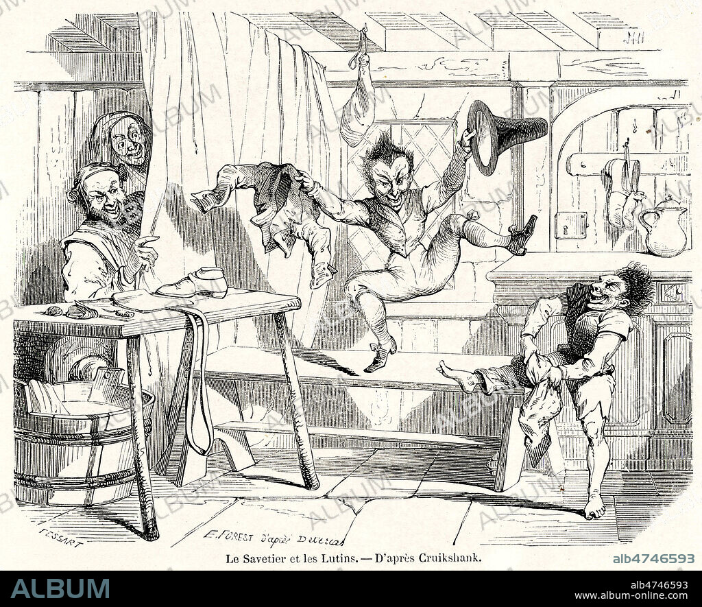 Le savetier (cordonnier) et les lutins. Illustration de George CRUIKSHANK (1792-1878) d'apres le conte des freres GRIMM pour L'Ami de la Maison du 3 juillet 1856. Credit : Coll. Jonas/KHARBINE-TAPABOR.