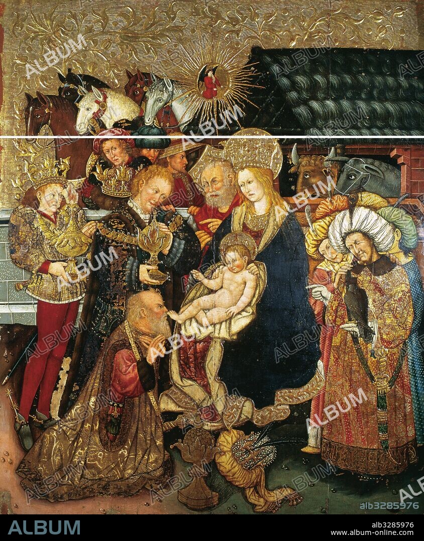 Jaume Ferrer II (n. Lleida, activo en el segundo tercio del siglo XV). Pintor catalán, hijo y sucesor de Jaume Ferrer I. EPIFANIA. Tabla realizada hacia el 1457. Pintura sobre madera. Tamaño: 185 x 150 cm. Procede de la Iglesia de la Sang, en Alcover (provincia de Tarragona, comarca del Alt Camp). Museo Diocesano de Tarragona. Cataluña.