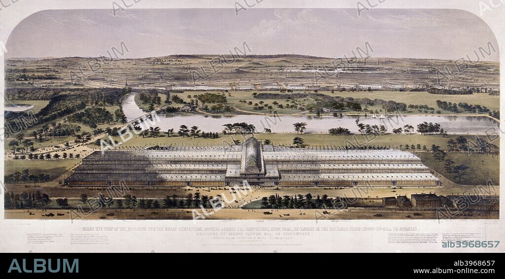 Aerial view of the Crystal Palace in Hyde Park, housing the Great Exhibition in 1851, looking across the Serpentine towards Hornsey.