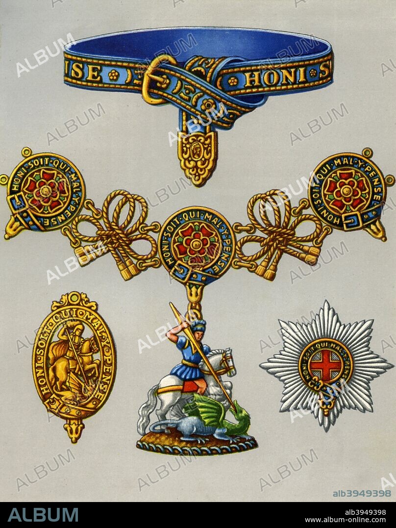 The Most Noble Order of the Garter, 1941. Established in 1344 during the reign of Edward III, the Order of the Garter is the highest order of chivalry, or knighthood, in England. A print from Medals and Decorations of the British Commonwealth of Nations, Hortors Ltd, South Africa. The album contains cards issued by The United Tobacco Cos (South) Ltd, and Westminster Tobacco Co.