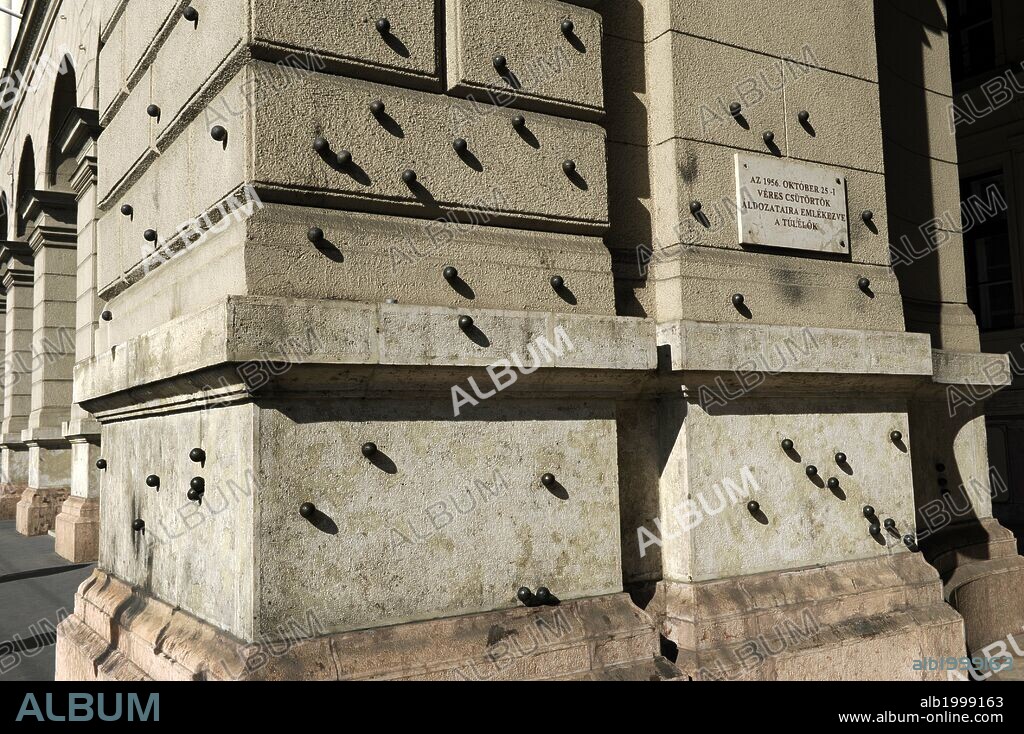 Hungary. Budapest. Steel balls on the facade of the Ethnographic Museum in memory of people killed by the Hungarian communist regime on October 25, 1956, after the failure of the Hungarian Revolution.