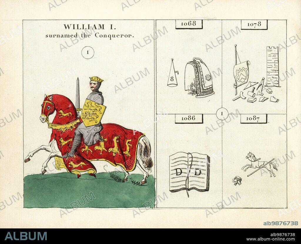 Portrait of King William I of England, with emblems. William the Conqueror is shown in chainmail armor on a horse with coat of arms caparison. Emblems indicate his 8PM curfew, building the Tower of London, the Domesday Book and death in a fall from a horse in 1087. Handcoloured steel engraving after an illustration by Mary Ann Rundall from A Symbolical History of England, from Early Times to the Reign of William IV, J.H. Truchy, Paris, 1839. Mary Ann Rundall was a teacher of young ladies in Bath, and published her book of mnemonic emblems in 1815.