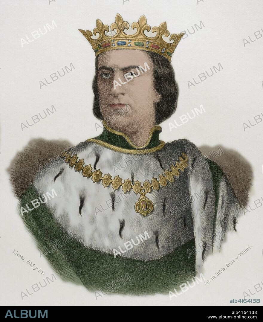 Martín I de Aragón, también llamado el Humano (1356-1410). Rey de Aragón, Valencia, Mallorca, Cerdeña, Sicilia y Conde de Barcelona. Murió sin heredoro al trono. Tras dos años de conflictos se nombró en el Compromiso de Caspe, a Fernando I (Dinastía Trastámara) como sucesor. Dibujo por Llanta. Litografía. Coloreada. Crónica General de España, Historia Ilustrada y Descriptiva de sus Provincias. Cataluña, 1866.