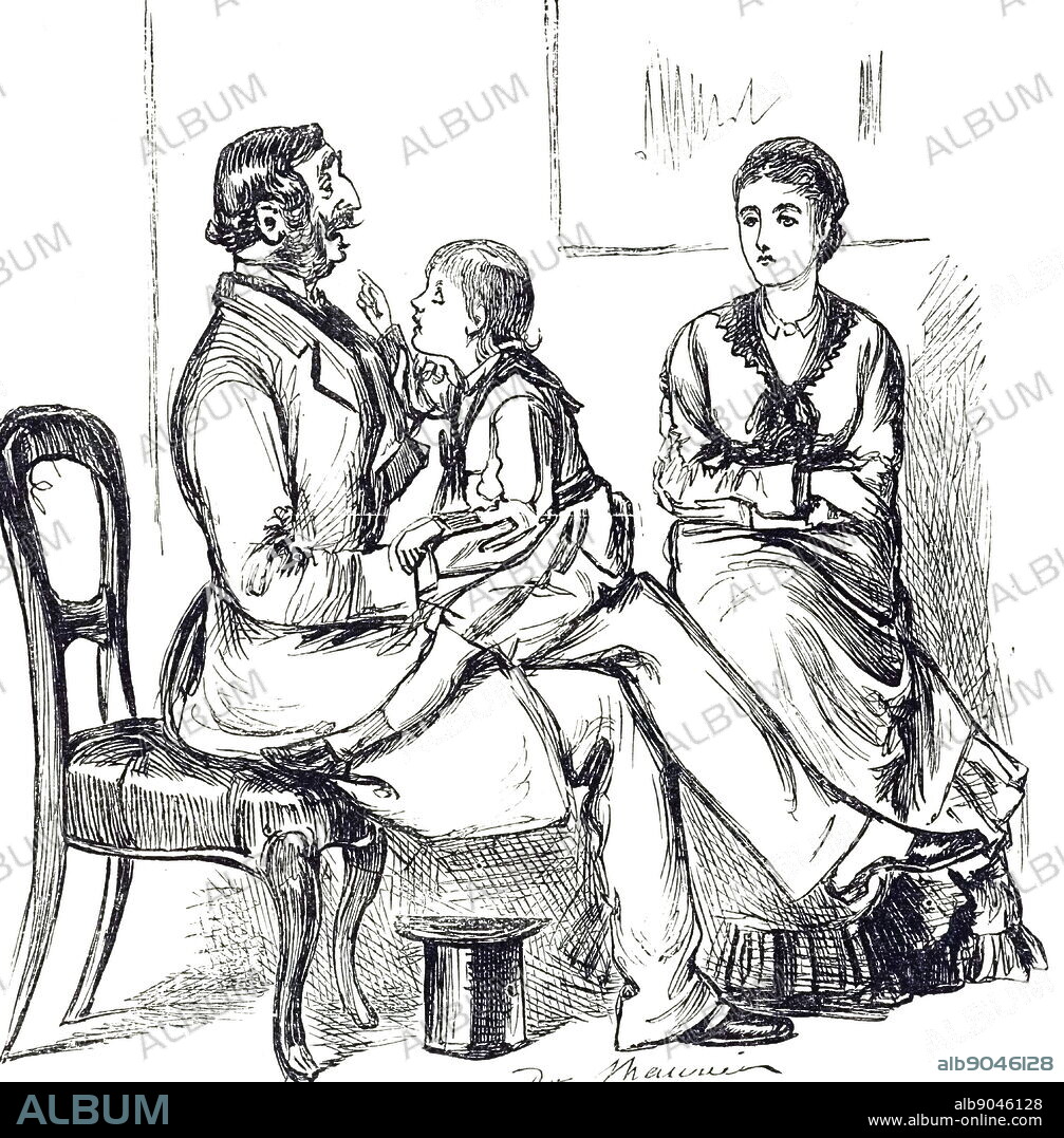 A cartoon depicting a young girl inspecting the false teeth of a man. Illustrated by George du Maurier (1834-1896) a Franco-British cartoonist and author. Dated 19th century.