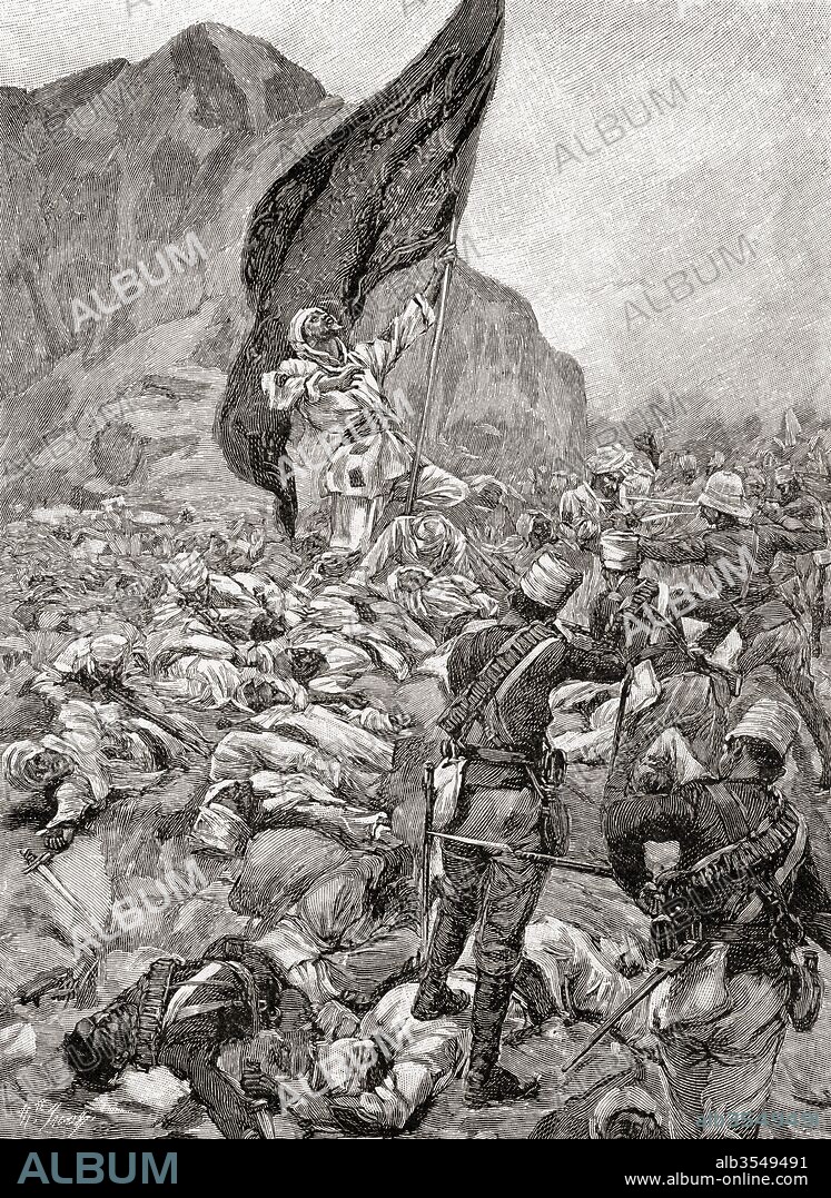 The Battle of Omdurman, Khartoum, Sudan, 2 September 1898. The defence of the Khalifas's black flag. From The Century Edition of Cassell's History of England, published c. 1900.