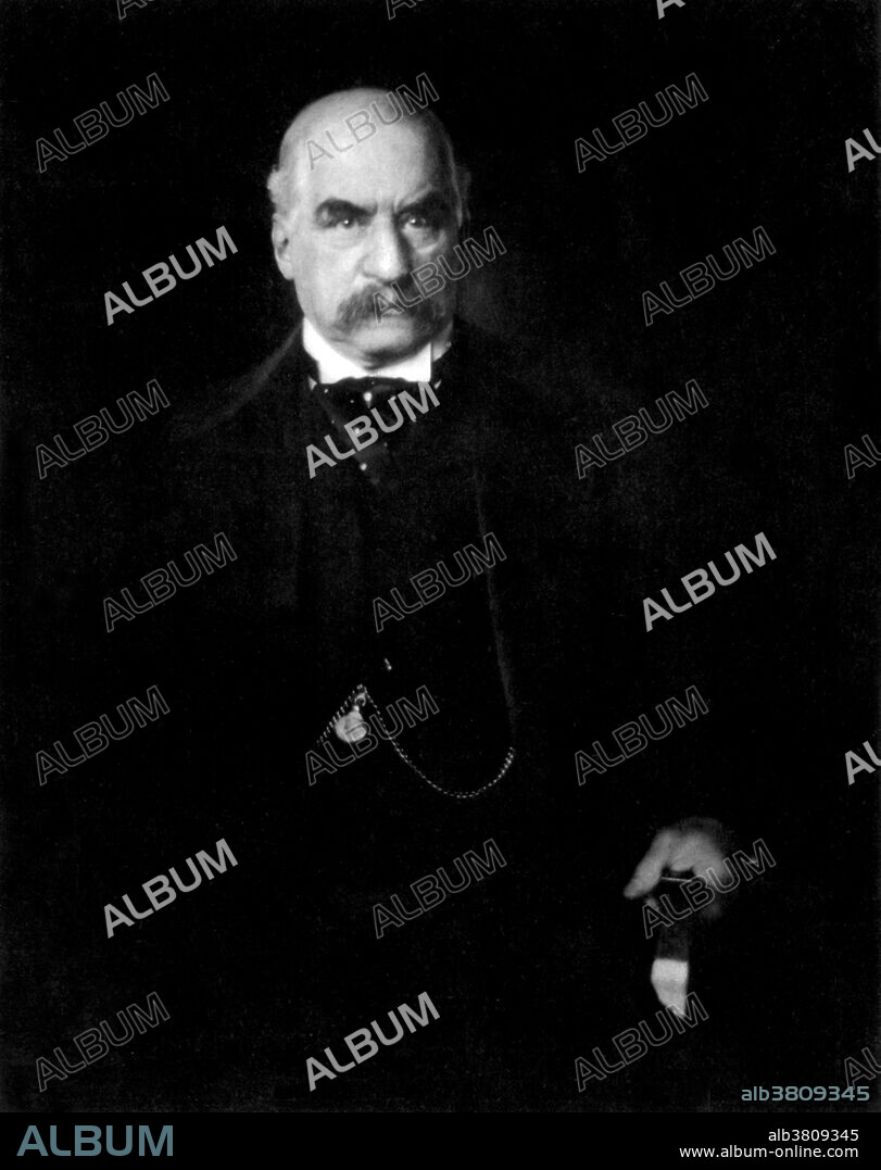 John Pierpont Morgan (April 17, 1837 - March 31, 1913) was an American financier, banker, and art collector. In 1892, Morgan arranged the merger of Edison General Electric and Thomson-Houston Electric Company to form General Electric. He was instrumental in the creation of the United States Steel Corporation. From 1890-1913, 42 major corporations were organized or their securities were underwritten, in whole or part, by J.P. Morgan and Company. At the height of Morgan's career during the early 1900s, he and his partners had financial investments in many large corporations and had significant influence over the nation's high finance and US Congress members. He directed the banking coalition that stopped the Panic of 1907. He was the leading financier of the Progressive Era, and his dedication to efficiency and modernization helped transform American business. Morgan was a physically big man with massive shoulders and piercing eyes. He died in Rome, Italy, in his sleep in 1913 at the age of 75. Photographed by Edward Steichen in 1903; photo known for the light reflected off the armrest being interpreted by viewers as a knife.
