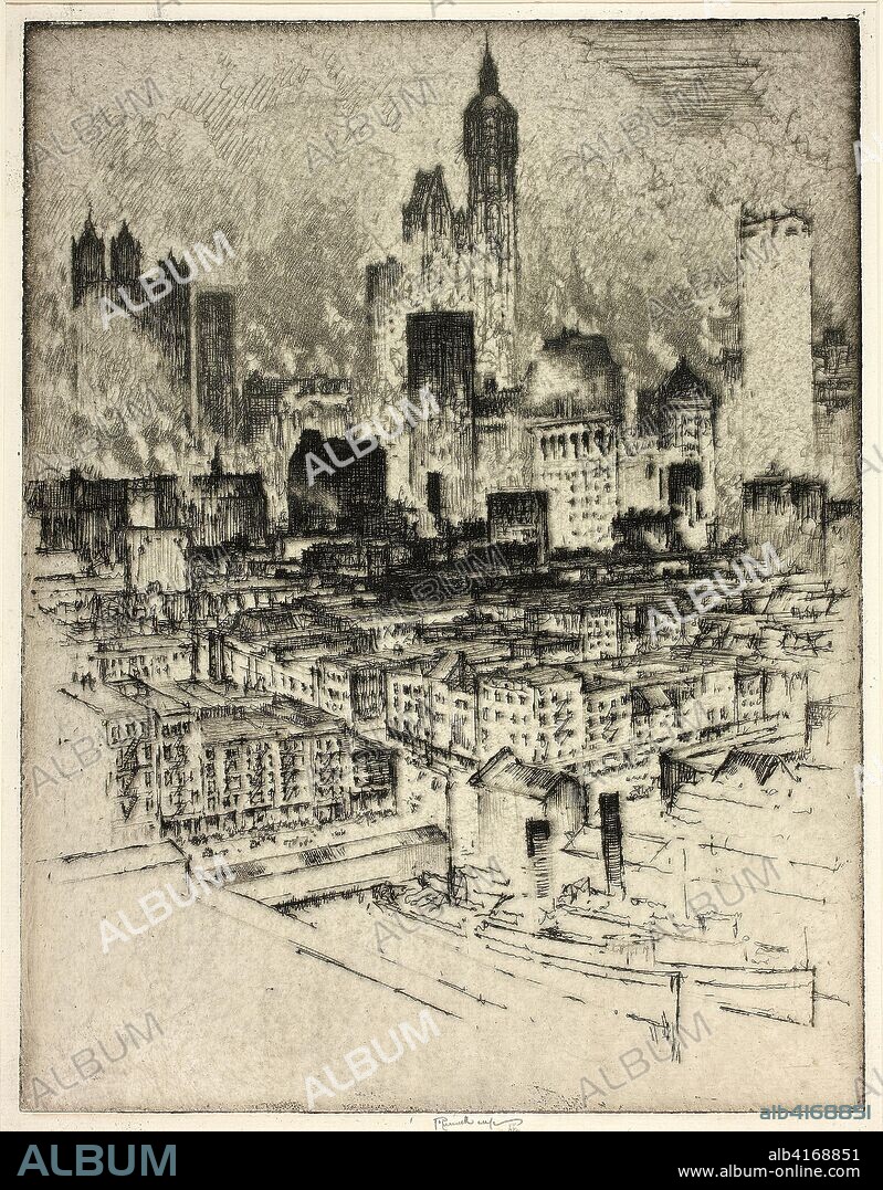 New York, from Brooklyn Bridge. Joseph Pennell; American, 1857-1926. Date: 1908. Dimensions: 279 x 215 mm (image); 336 x 238 mm (sheet). Etching on cream laid paper. Origin: United States.