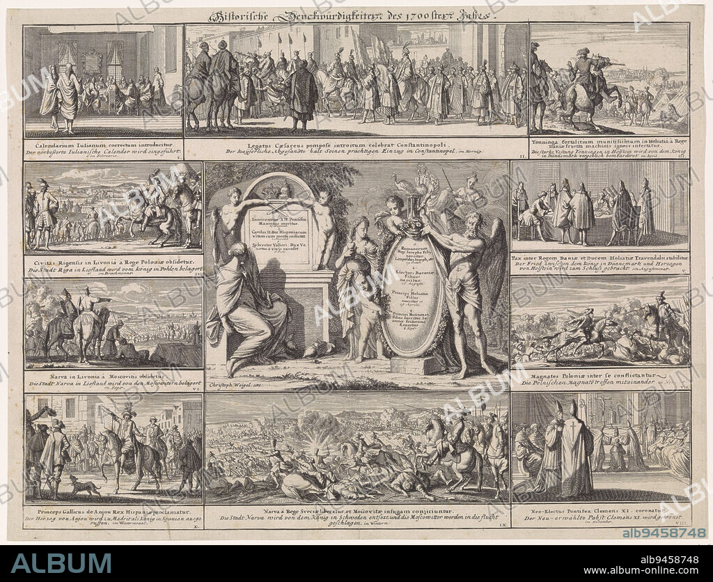 Ten representations with the most important representations from the year 1700. From top left to bottom right: the introduction of the Gregorian calendar, the entrance of the imperial ambassador to Constantinople, the siege of Tönning, the siege of Riga, the Peace of Traventhal, the siege of Narva, battles in Poland, Philip of Anjou being proclaimed King Philip V of Spain, the sacking of Narva, and the blessing of the new Pope Clement XI. In the center of the print a representation with a tombstone on the left with the names of important deceased monarchs. On the right are the personifications of Time and Love on either side of an oval shield with the births of important princes, Ten representations of the most important events of the year 1700 Historische Denckwürdigkeiten des 1700sten Jahrs , print maker: Caspar Luyken, publisher: Christoph Weigel, (mentioned on object), Neurenberg, 1700 - 1708, paper, etching, h 348 mm × w 458 mm.