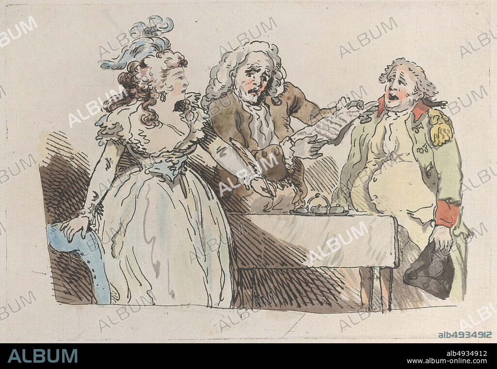 Imitator of Thomas Rowlandson, A Young Woman (Heiress) Prepares to Sign a Document, Imitator of Thomas Rowlandson (British, London 17571827 London), 17801800, Hand-colored etching, Plate: 6 7/8 × 9 15/16 in. (17.5 × 25.2 cm), Sheet: 9 5/8 × 12 5/16 in. (24.4 × 31.2 cm), Prints.