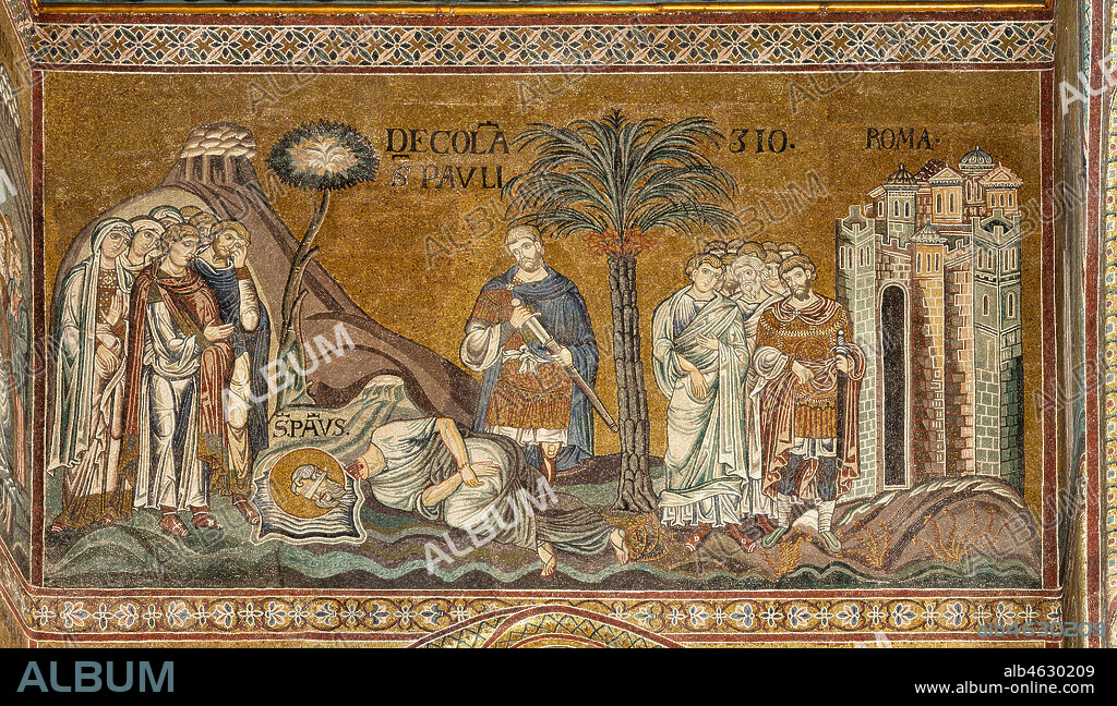 Monreale, Duomo: "St. Paul's beheading in Rome", Byzantine mosaic, XII - XIII centuries in the Northern transept.. Latin inscription: "Decollatio Sancti Pauli".