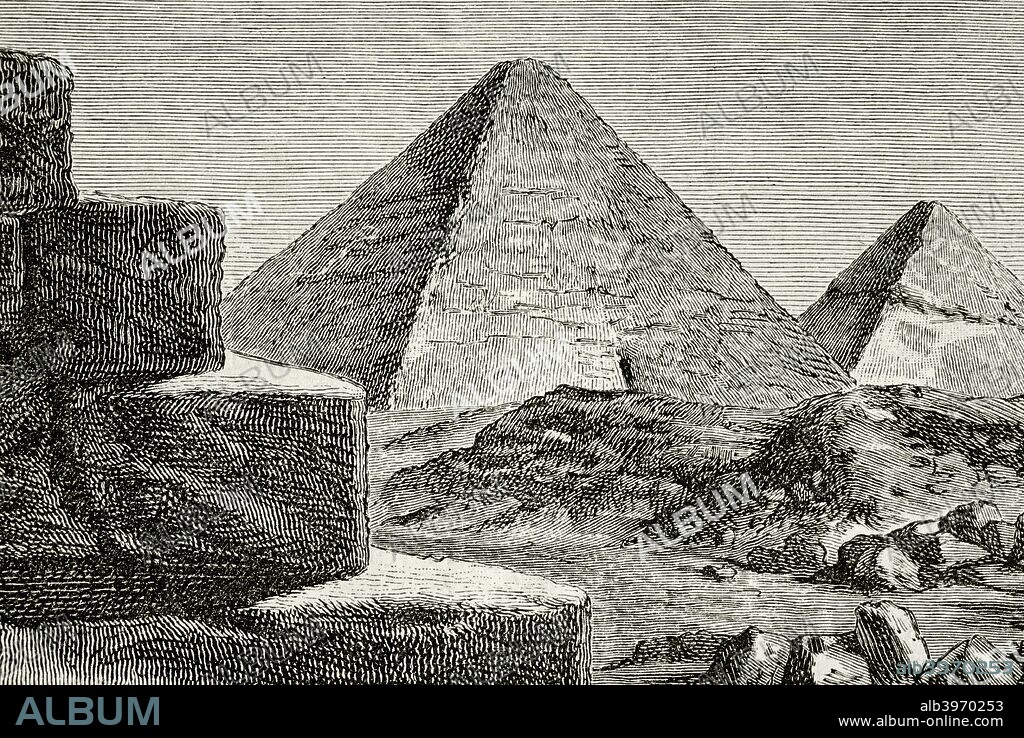 Historia Antigua. Norte de Africa. Civilización del antiguo Egipto. Las Pirámides del valle de Giza. Imperio Antiguo, c. 2686-21181 a. C. Grabado. La Civilización, Tomo I, 1881. Biblioteca Histórico Militar de Barcelona, Cataluña, España.