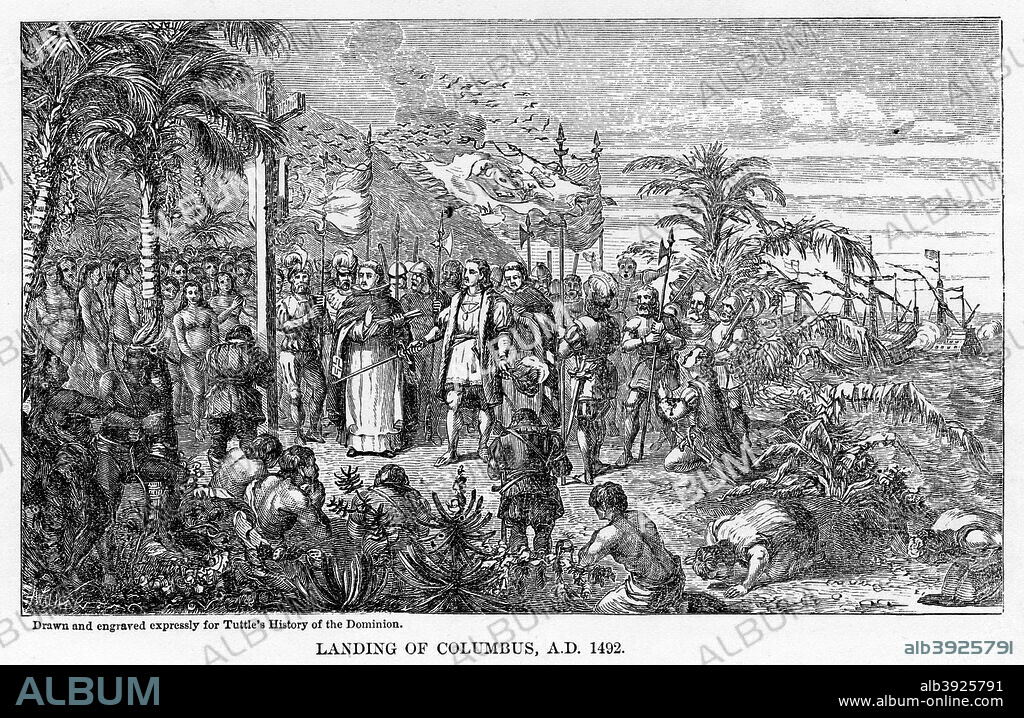 'Landing of Columbus, AD 1492', (1877). Christopher Columbus arriving in America, 12 May 1492. Sponsored by Ferdinand and Isabella of Spain, Columbus set out to discover a westward route to Asia. He landed on the Caribbean island of Hispaniola, claiming it for Spain. Illustration from Popular history of the Dominion of Canada, with art illustrations, from the earliest settlement of the British-American colonies to the present time; together with portrait engravings and biographical sketches of the most distinguished men of the nation by Charles R Tuttle, (1877-1879).