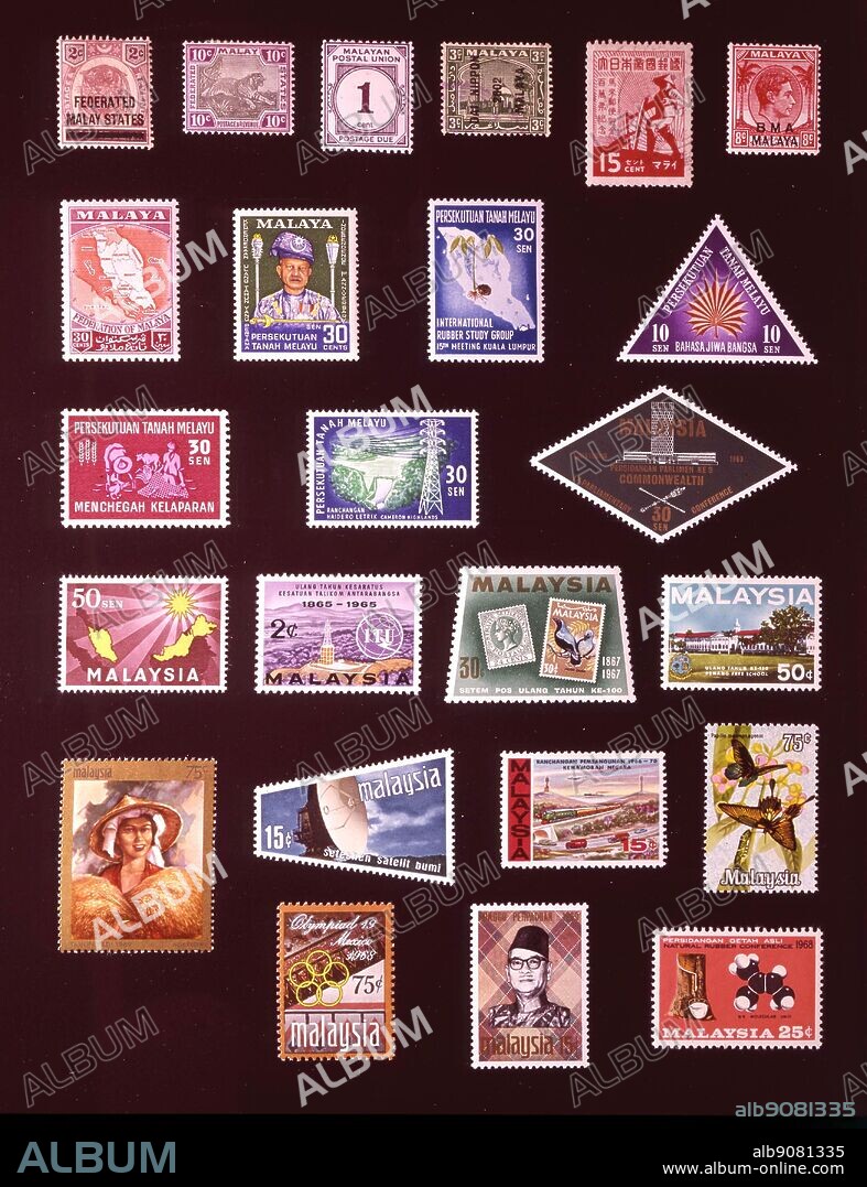 ASIA - MALAYSIA: (left to right) 1. Federated Malay States, 2 cents, 1900, 2. Federated Malay States, 10 cents, 1900, 3. Malayan Postal Union, 1 cent, 1938, 4. Japanese Occupation, 3 cents, 1942, 5. Japanese Occupation, 15 cents, 1943, 6. British Military Administration, 8 cents, 1945, 7. Federation of Malaya, 30 cents, 1957, 8. 30 cents, 1958, 9. 30 sen, 1960, 10. 10 sen, 1962, 11. 30 sen, 1963, 12. 30 sen, 1963, 13. Malaysia, 30 sen, 1963, 14. Malaysia, 50 sen, 1963, 15. 2 sen, 1965, 16. 30 sen, 1967, 17. 50 sen, 1966, 18. 75 sen, 1969, 19. 15 sen, 1970, 20. 15 sen, 1966, 21. 75 sen, 1970, 22. Malaysia, 75 sen, 1968, 23. Malaysia, 15 sen, 1969, 24. Malaysia, 25 sen, 1968.