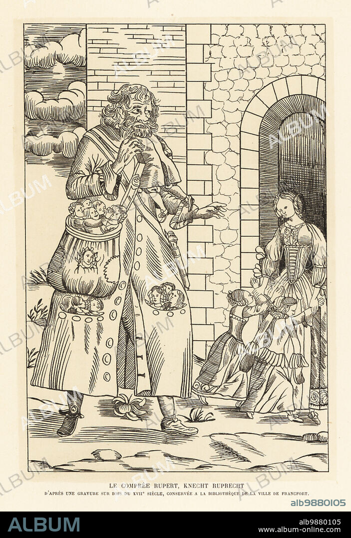Knecht Ruprecht, or Hans Ruprecht, manservant to Saint Nicholas in German folklore and figure in a Nuremberg Christmas procession. The pockets of his long coat are filled with children. He appears in Le Compree Rupert, Knecht Ruprecht. Apres une gravure sur bois du XVIIe siecle. Lithograph after a 17th-century woodcut from Henry Rene dAllemagnes Recreations et Passe-Temps, Games and Pastimes, Hachette, Paris, 1906.