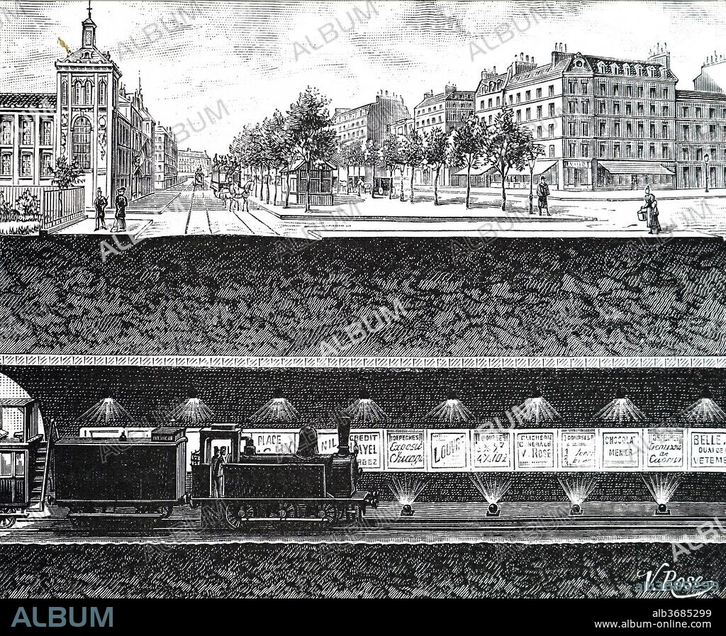 Cross-section view of the Paris Metro. Dated 19th century.