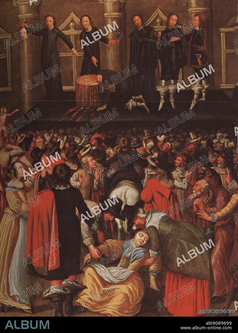 An artist's impression of the execution of Charles I (1600-1649). King of England, Scotland and Ireland. This War Without An Enemy by Richard Ollard, page 201..  When Charles was beheaded on 30 January 1649, a moan was heard from the assembled crowd, some of whom then dipped their handkerchiefs in his blood, thus starting the cult of the "Martyr" King. There is some historical debate over the identity of the man who beheaded the King, who was masked at the scene.