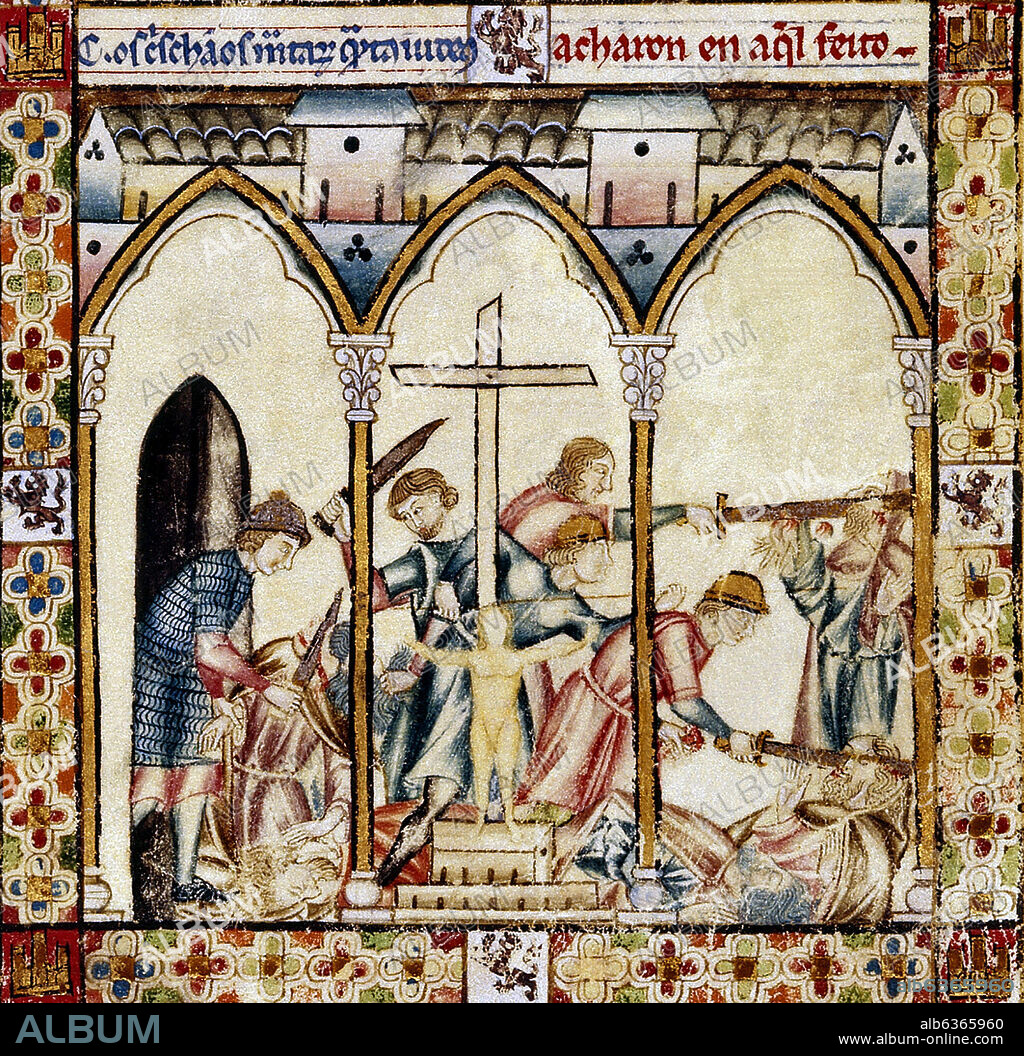 ALFONSO X DE CASTILLA EL SABIO. MTI1-CANTIGA DE SANTA MARIA Nº12-F20V-LA VIRGEN SE QUEJA EN TOLEDO DE LAS INJURIAS DE LOS JUDIOS - SIGLO XIII - 2ª VIÑETA DE LA 3ª FILA- Cj 185404.