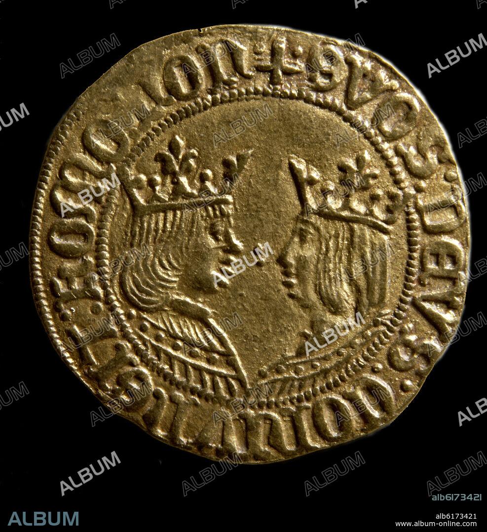DOBLE CASTELLANO-EXCELENTE DE GRANADA -LOS REYES CATOLICOS(VITRINA MONEDAS) 21,89 MM-ANVERSO.