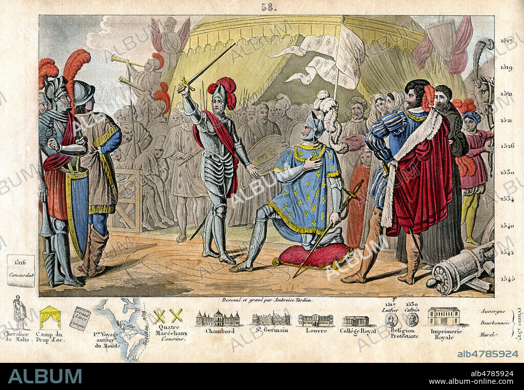 FRANCOIS 1er (1494-1547) est arme chevalier par BAYARD (1476-1524) apres la bataille de Marignan. Illustration de 1825 par Ambroise TARDIEU (1788-1841) pour Histoire de France representee par des tableaux synoptiques par M. COLART. Credit : Collection Jonas/Kharbine-Tapabor.