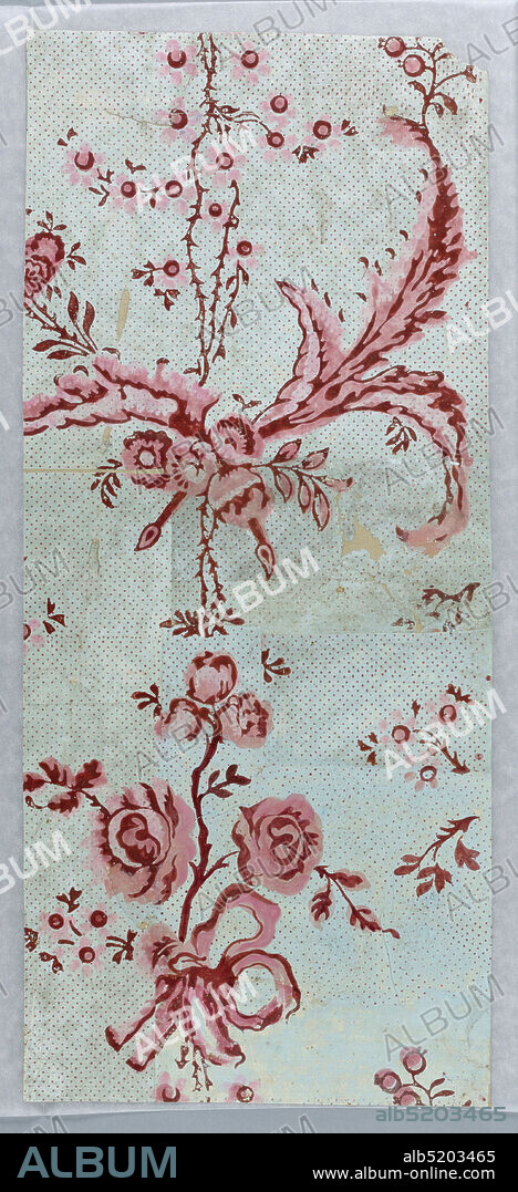 Sidewall, Block-printed, handmade paper, Vertical rectangle. Field dotted in diagonal rows. Design of bunches of roses, tied with ribbons, with framework of long stems and scrolls of foliage., France, 177080, Wallcoverings, Sidewall.