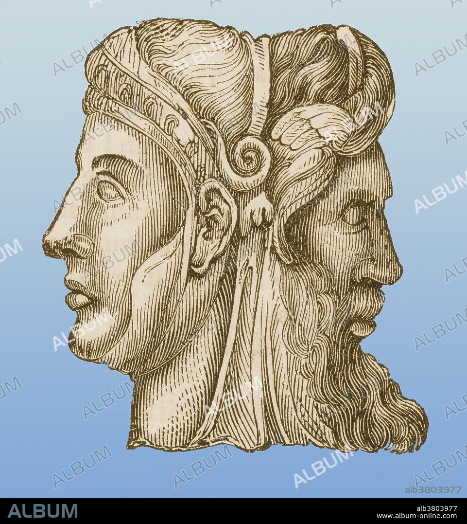 Janus, the ancient Roman god of beginnings and transitions (gates, doors, doorways, endings and time). He is usually shown as having two heads facing in opposite directions.
