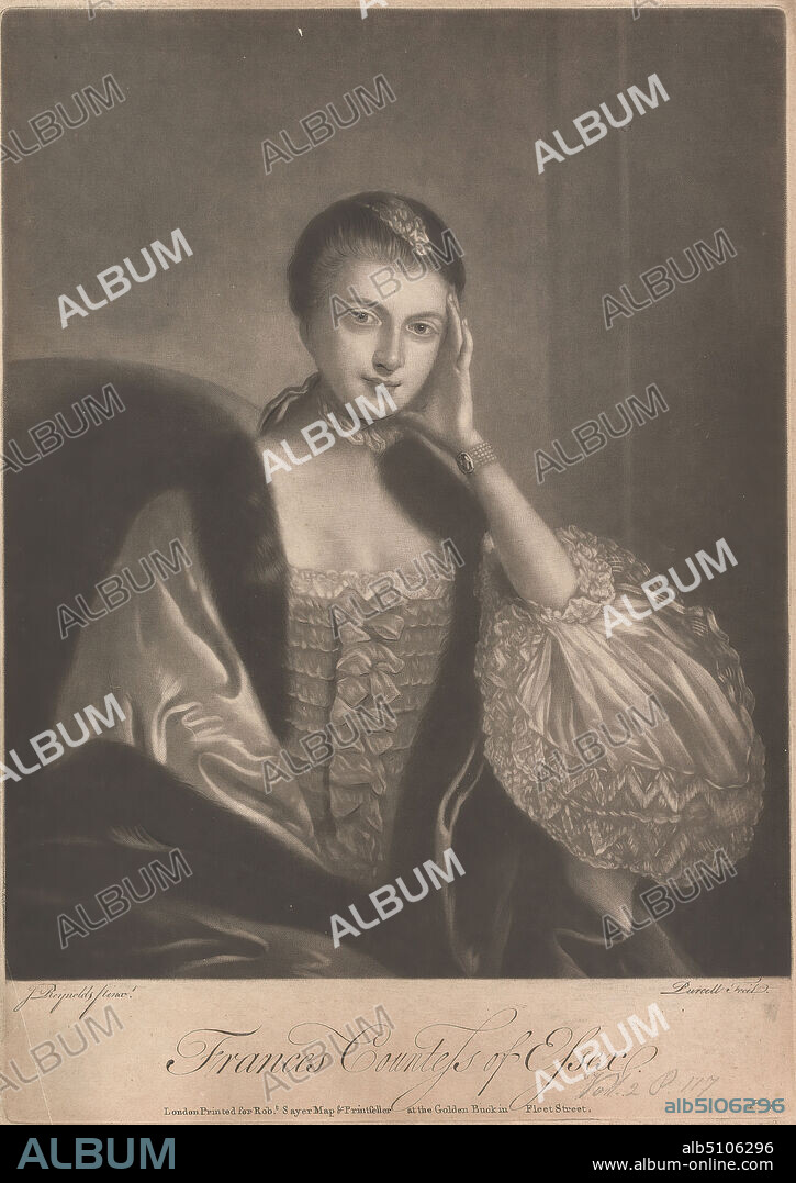 Frances Capell (née Hanbury-Williams), Countess of Essex, Richard Purcell, active 17461766, Irish, after Sir Joshua Reynolds RA, 17231792, British, undated, Mezzotint on medium, slightly textured, beige, laid paper, Sheet: 14 3/16 × 10 1/8 inches (36 × 25.7 cm), Plate: 13 15/16 × 9 7/8 inches (35.4 × 25.1 cm), and Image: 12 3/16 × 9 7/8 inches (31 × 25.1 cm).