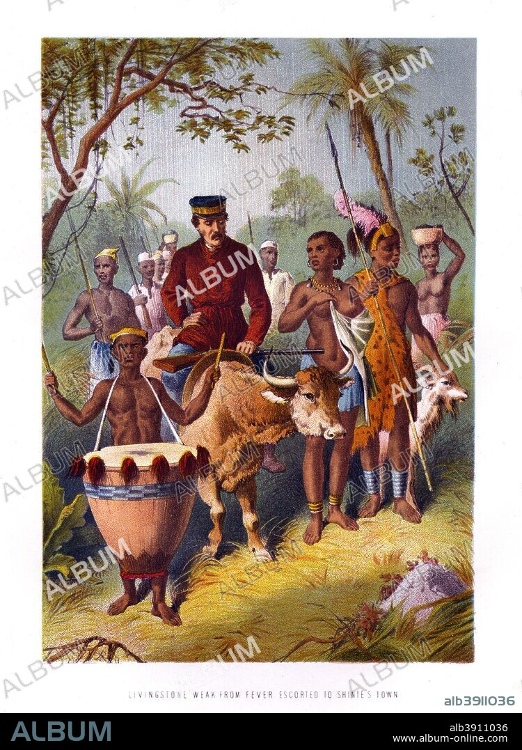 'Livingstone Weak From Fever Escorted to Shinte's Town', 19th century. David Livingstone (1813-1873) arrived in Africa in 1840 at the age of 27 as a missionary and physician. He spent most of the remainder of his life on the continent, and died there of dysentery.