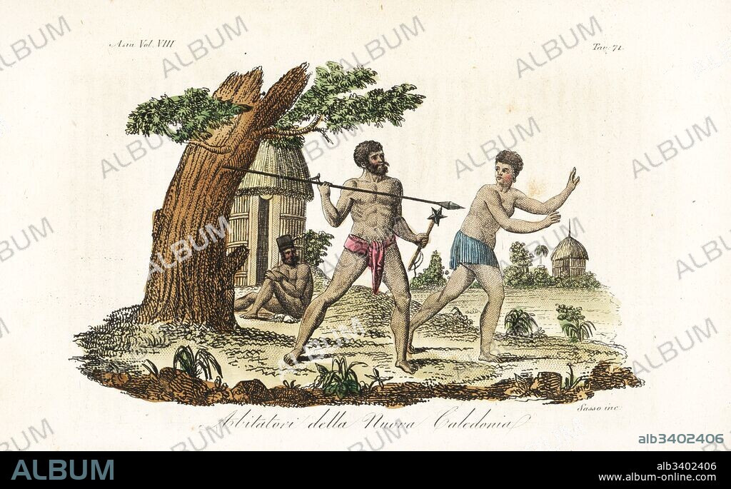 Kanak natives of New Caledonia. Man in loincloth with spear and mace, woman in grass skirt, in front of huts. Handcoloured copperplate engraved by Sasso from Giulio Ferrario's Ancient and Modern Costumes of all the Peoples of the World, Florence, Italy, 1844.